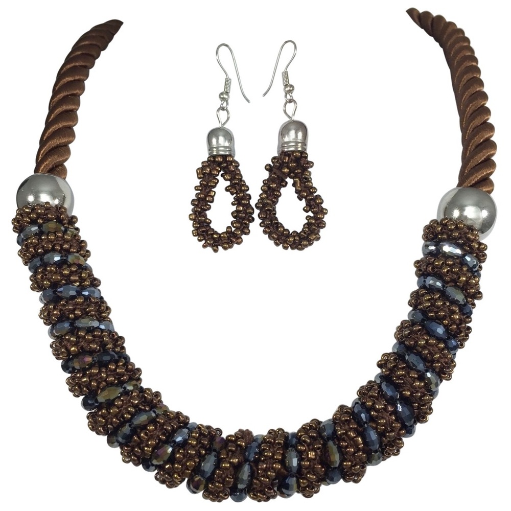 Brown Bead Wrapped Thread Necklace Earrings Set
